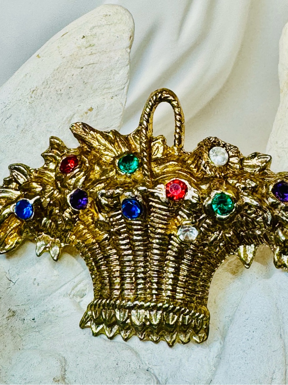 Gold-Tone Jeweled Basket Brooch/Pendant  - Multicolor Stones